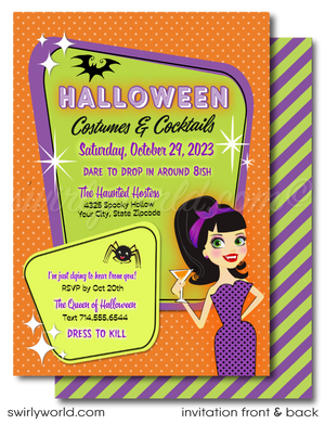 Set the stage for an unforgettable Halloween with our Pin-up Rockabilly party invitation! Featuring a retro-style pin-up vampire girl in gothic purple, spiders, and bats, this adult-themed invite is easy to customize in Corjl. Perfect for a stylish cocktail party—send via post, print, text, email, or evite!