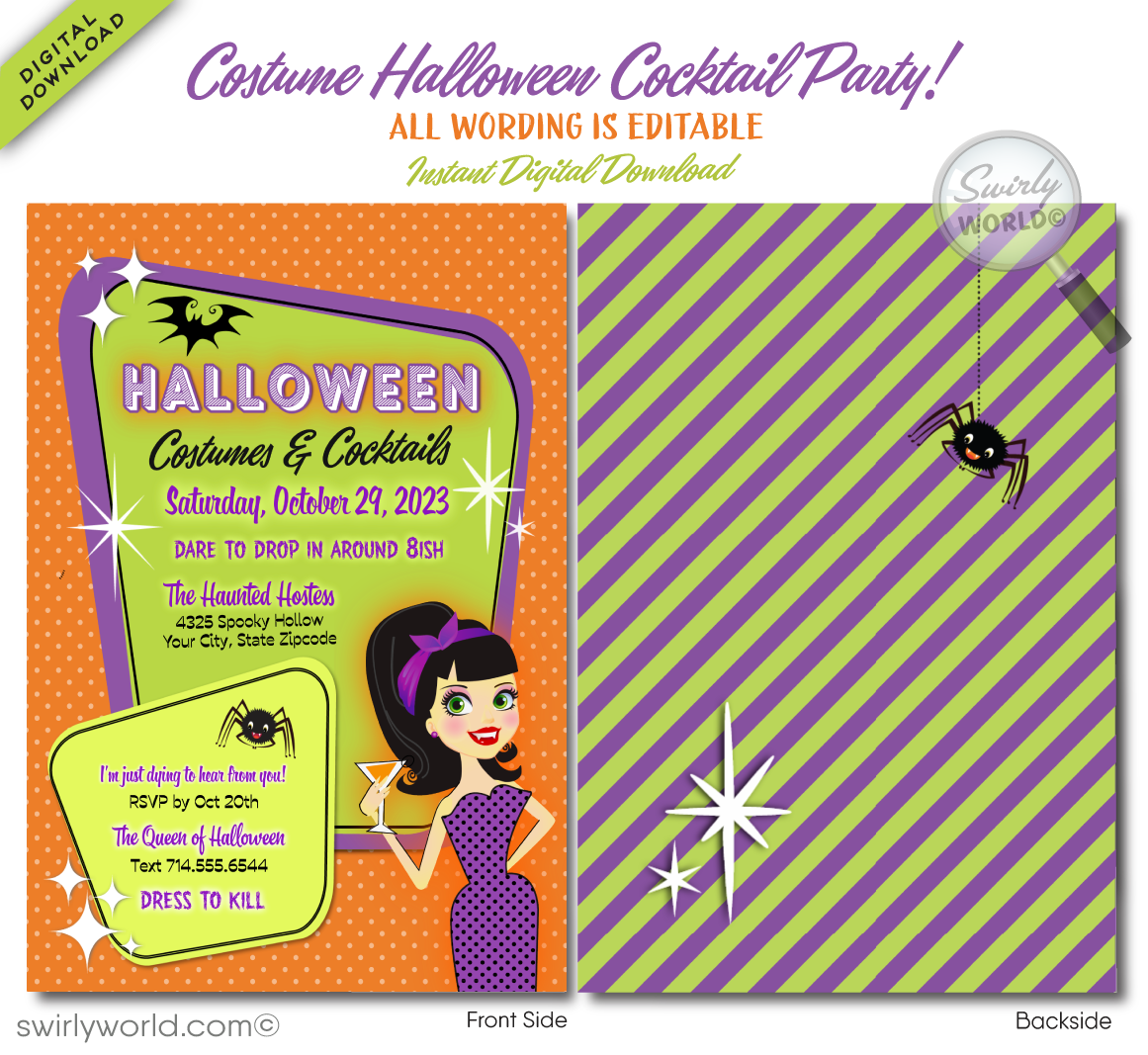Set the stage for an unforgettable Halloween with our Pin-up Rockabilly party invitation! Featuring a retro-style pin-up vampire girl in gothic purple, spiders, and bats, this adult-themed invite is easy to customize in Corjl. Perfect for a stylish cocktail party—send via post, print, text, email, or evite!