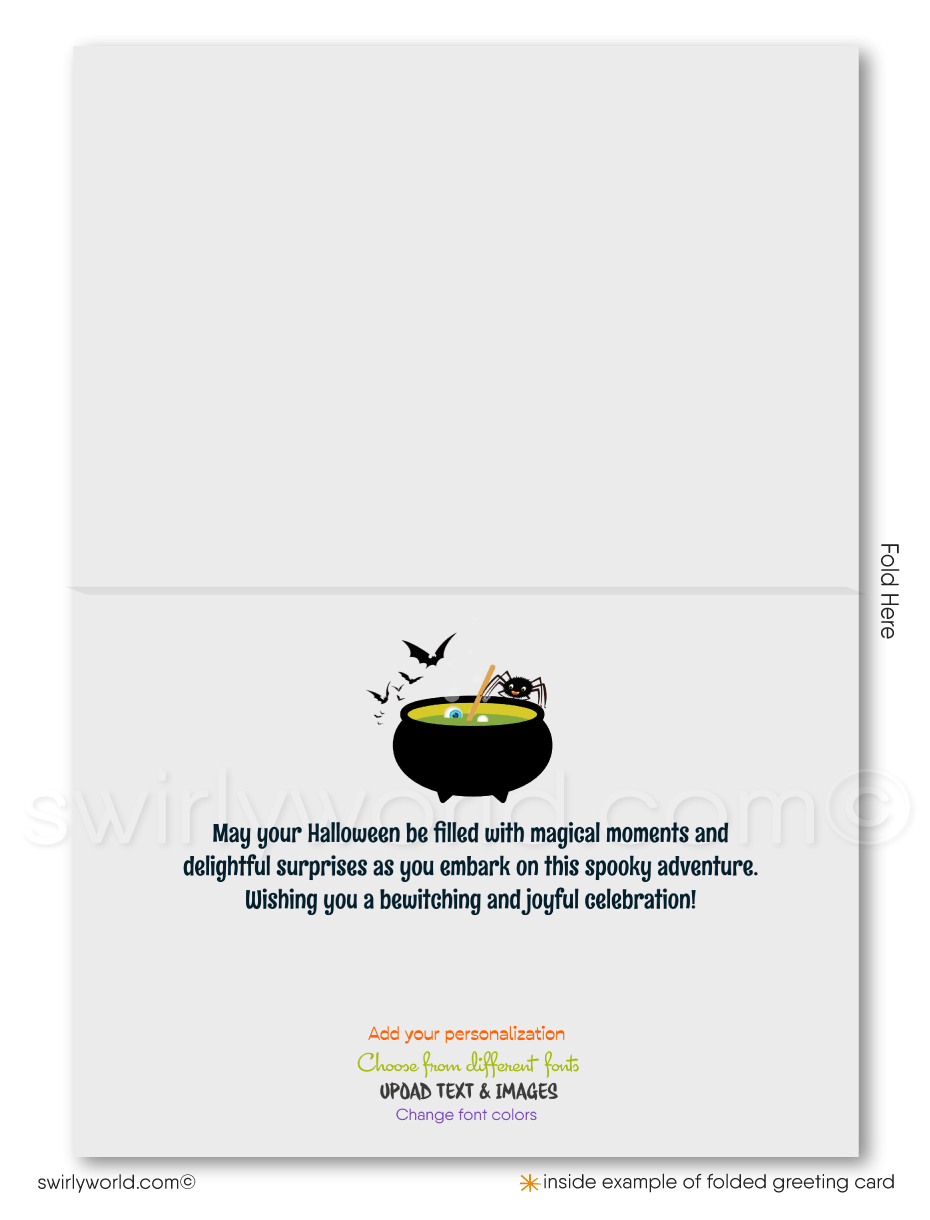 Enchant your clients with Swirly World's Whimsical Halloween Greeting Card. Featuring giggling ghosts, a cute pumpkin, and a black cat with a cauldron, this card is perfect for sharing Halloween wishes and strengthening business connections. Customizable envelopes available for a personal touch!