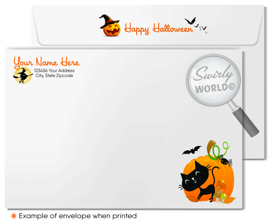 Enchant your clients with Swirly World's Whimsical Halloween Greeting Card. Featuring giggling ghosts, a cute pumpkin, and a black cat with a cauldron, this card is perfect for sharing Halloween wishes and strengthening business connections. Customizable envelopes available for a personal touch!