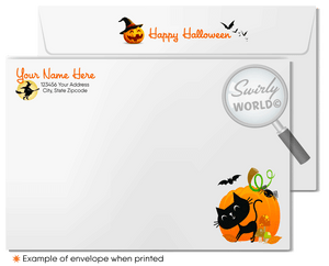 Enchant your clients with Swirly World's Whimsical Halloween Greeting Card. Featuring giggling ghosts, a cute pumpkin, and a black cat with a cauldron, this card is perfect for sharing Halloween wishes and strengthening business connections. Customizable envelopes available for a personal touch!