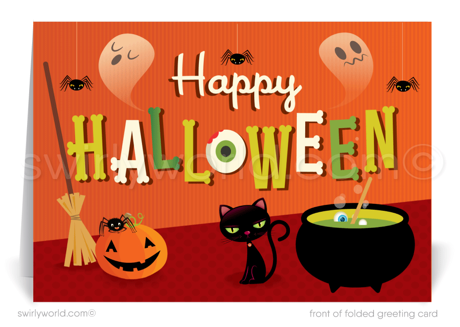 Cute Ghost Witch Black Cat Business Company Printed Client Halloween Greeting Cards 