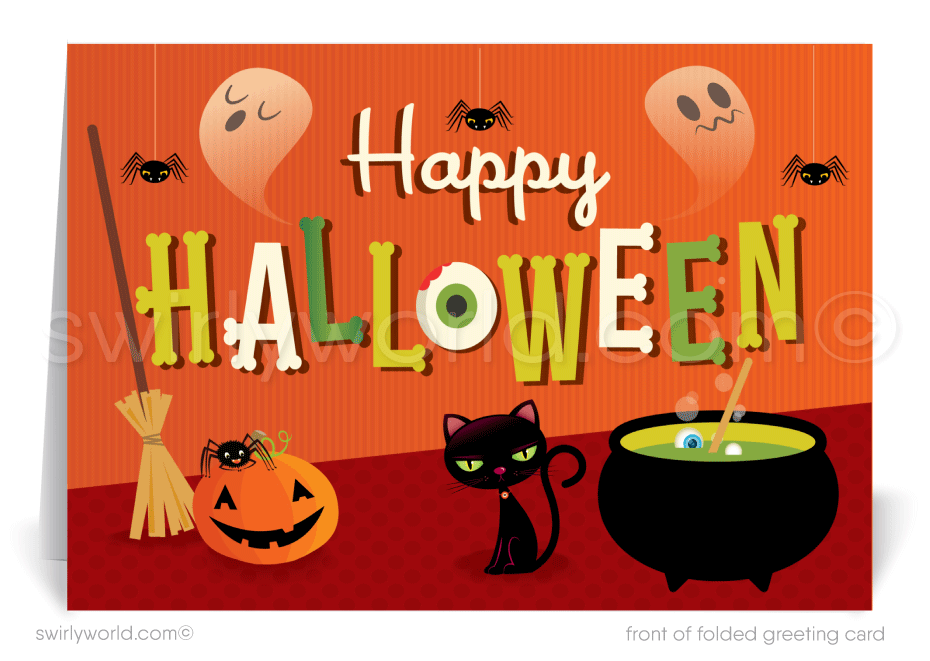 Enchant your clients with Swirly World's Whimsical Halloween Greeting Card. Featuring giggling ghosts, a cute pumpkin, and a black cat with a cauldron, this card is perfect for sharing Halloween wishes and strengthening business connections. Customizable envelopes available for a personal touch!