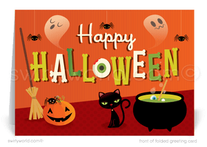 Enchant your clients with Swirly World's Whimsical Halloween Greeting Card. Featuring giggling ghosts, a cute pumpkin, and a black cat with a cauldron, this card is perfect for sharing Halloween wishes and strengthening business connections. Customizable envelopes available for a personal touch!