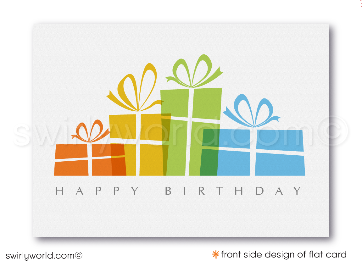 Celebrate your clients' special day with our unique Happy Birthday greeting card. Featuring abstract geometric gift packages on a clean white background. Available as folded or flat cards, printed on thick card stock with matching envelopes. Upgrade to customized envelopes with your logo for a professional touch.