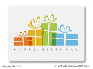 Celebrate your clients' special day with our unique Happy Birthday greeting card. Featuring abstract geometric gift packages on a clean white background. Available as folded or flat cards, printed on thick card stock with matching envelopes. Upgrade to customized envelopes with your logo for a professional touch.
