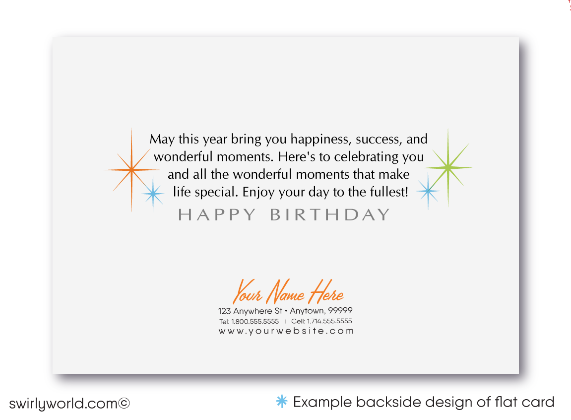 Celebrate your clients' special day with our unique Happy Birthday greeting card. Featuring abstract geometric gift packages on a clean white background. Available as folded or flat cards, printed on thick card stock with matching envelopes. Upgrade to customized envelopes with your logo for a professional touch.