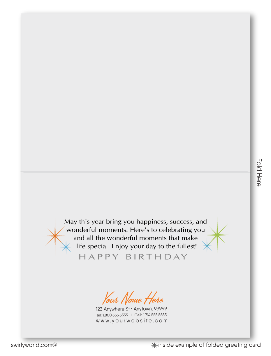 Celebrate your clients' special day with our unique Happy Birthday greeting card. Featuring abstract geometric gift packages on a clean white background. Available as folded or flat cards, printed on thick card stock with matching envelopes. Upgrade to customized envelopes with your logo for a professional touch.