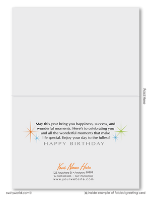 Celebrate your clients' special day with our unique Happy Birthday greeting card. Featuring abstract geometric gift packages on a clean white background. Available as folded or flat cards, printed on thick card stock with matching envelopes. Upgrade to customized envelopes with your logo for a professional touch.