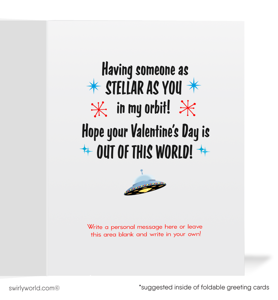 Celebrate Valentine’s Day with 1950s-inspired cards! Featuring a retro astronaut boy and girl in a rocket ship with atomic starbursts. Nostalgic and playful design!