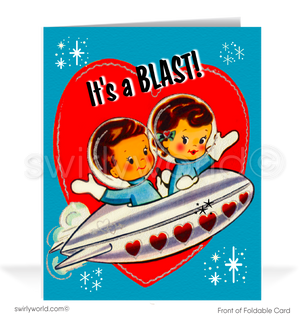 Celebrate Valentine’s Day with 1950s-inspired cards! Featuring a retro astronaut boy and girl in a rocket ship with atomic starbursts. Nostalgic and playful design!