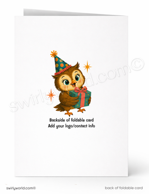 A folded white card shown front and back on a white background. The front features a cartoon owl wearing a party hat and holding a gift box, with the text 'Backside of foldable card Add your logo/contact info' below.