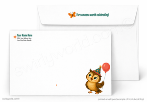 A printed invitation envelope set shown on a white background, with the front of the envelope overlapping the back. The front has a cartoon owl wearing a party hat and holding a red balloon, plus sample text fields.