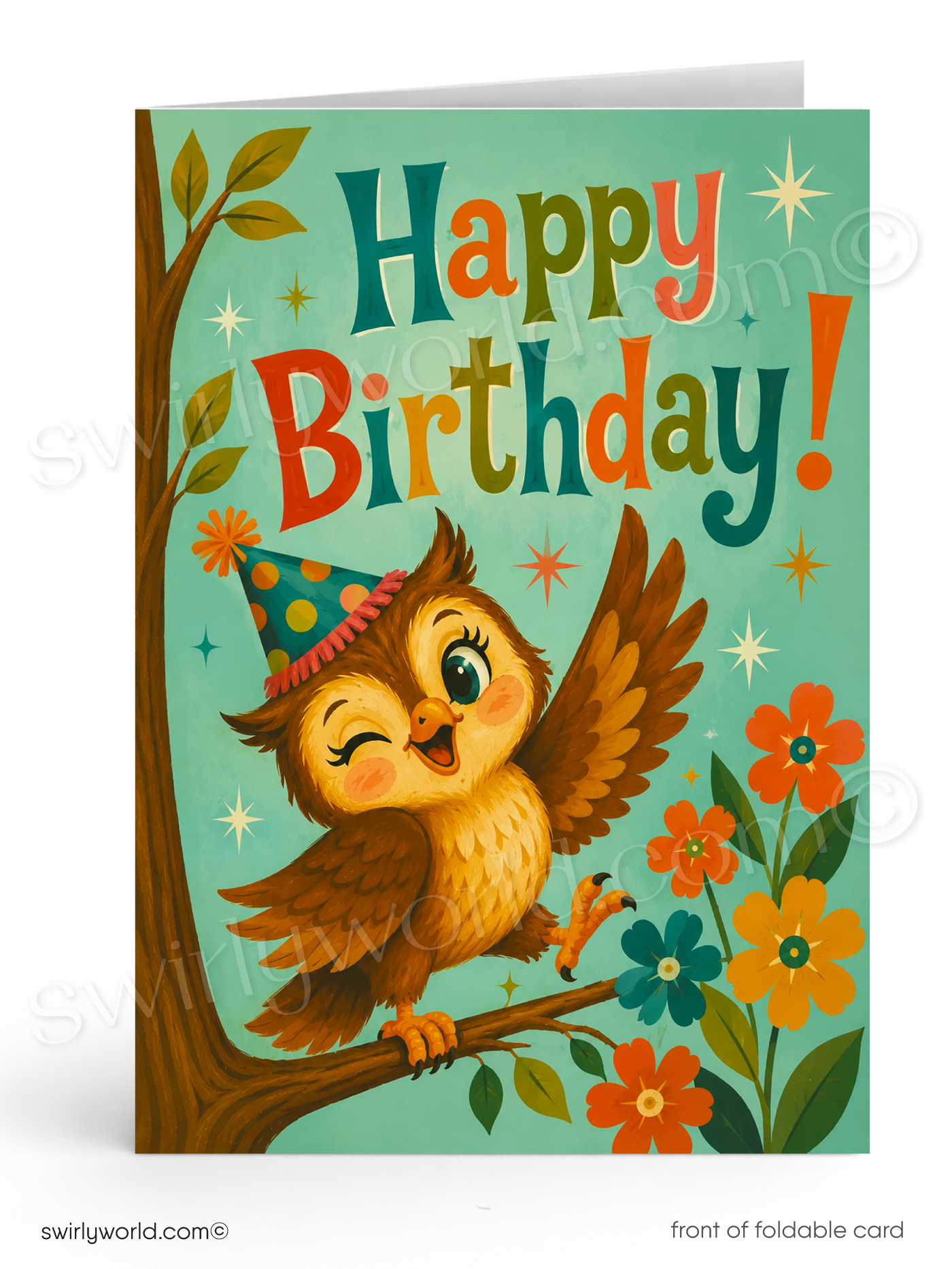 A folded birthday card shown front-facing on a white background. The card features a whimsical illustration of an owl wearing a party hat on a tree branch, surrounded by flowers, with the text 'Happy Birthday!' in large multicolored letters on a mint green background.