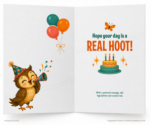 An open greeting card design with a cartoon owl wearing a party hat and blowing a megaphone, balloons above, and the text 'Hope your day is a REAL HOOT!' with a birthday cake and butterfly. Small watermark text appears across the card.
