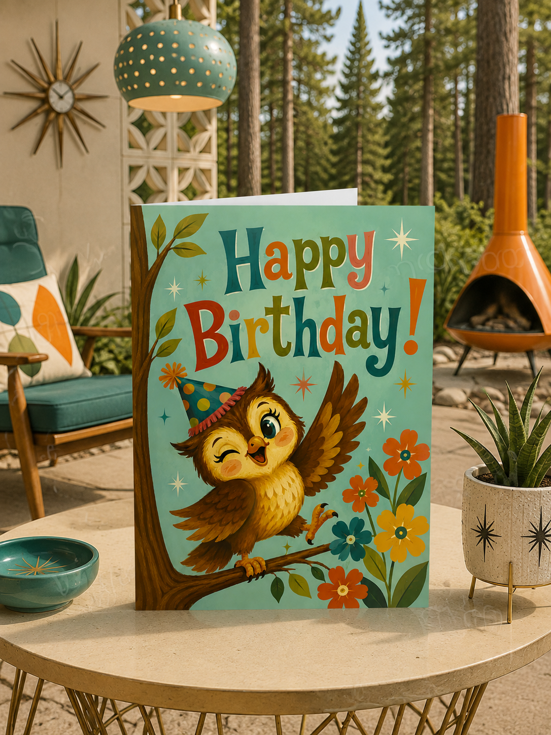 A folded birthday card shown front-facing on a white background. The card features a whimsical illustration of an owl wearing a party hat on a tree branch, surrounded by flowers, with the text 'Happy Birthday!' in large multicolored letters on a mint green background.