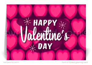 Celebrate Valentine’s Day with 1960s-inspired retro cards! Featuring bold pink hearts on a purple background with mid-century typography. 