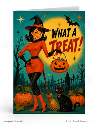 What a Treat Retro Style Pinup Witch Halloween Card