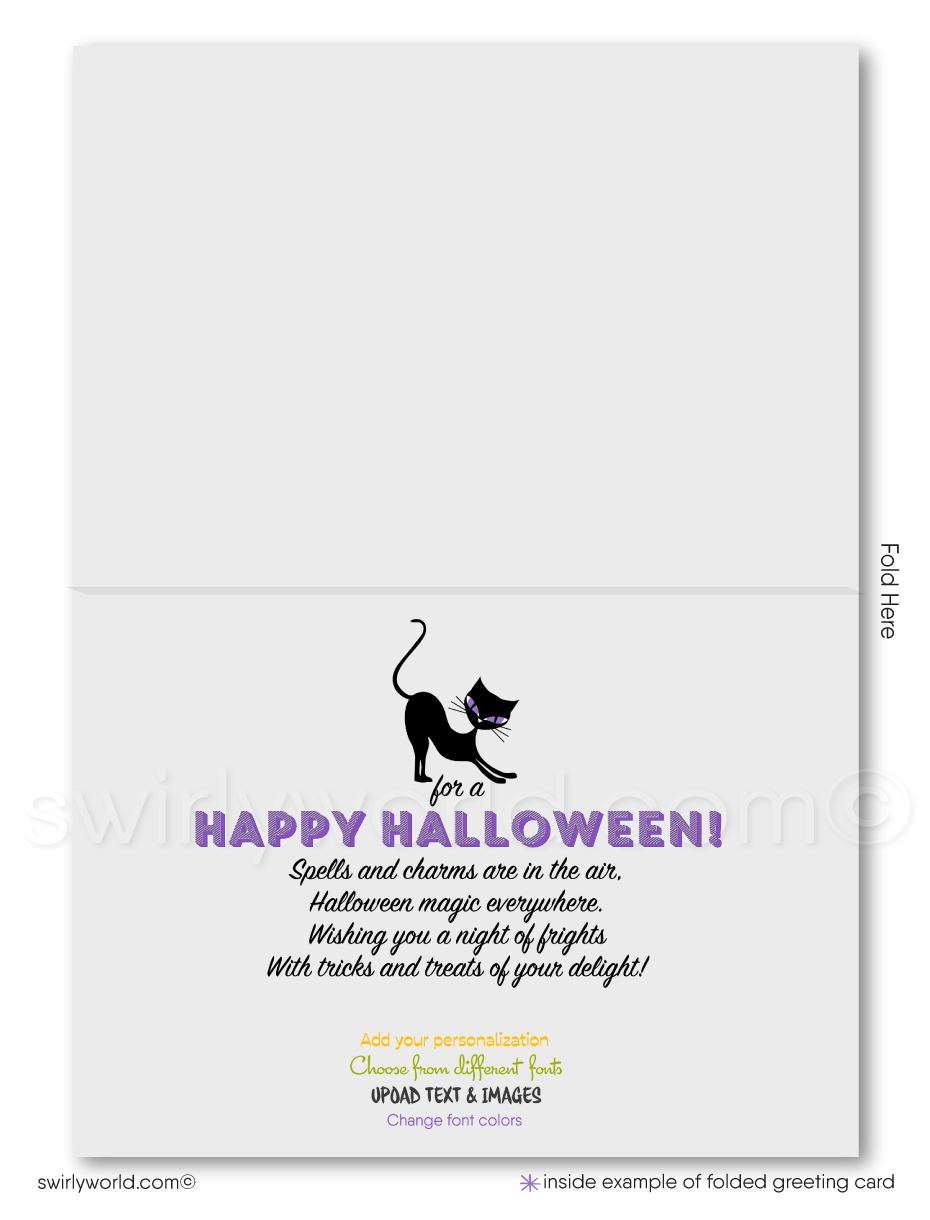 Enchant clients with Swirly World's Retro Witch Halloween Greeting Card. Featuring a cute witch with her black kitty car nestled in a crescent moon against a vivid purple sky with ghosts and bats, this card is perfect for sending Halloween wishes. Customizable envelopes available!