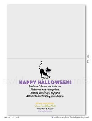 Retro Mod Bewitched Black Cat and Witch Happy Halloween Greeting Cards for Clients