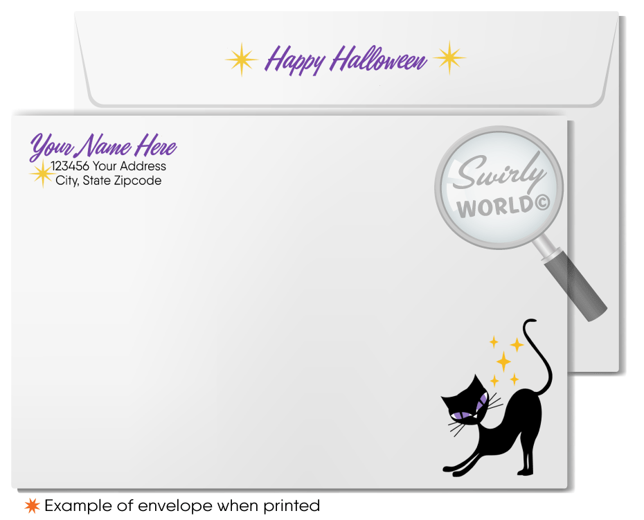 Enchant clients with Swirly World's Retro Witch Halloween Greeting Card. Featuring a cute witch with her black kitty car nestled in a crescent moon against a vivid purple sky with ghosts and bats, this card is perfect for sending Halloween wishes. Customizable envelopes available!