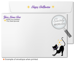 Enchant clients with Swirly World's Retro Witch Halloween Greeting Card. Featuring a cute witch with her black kitty car nestled in a crescent moon against a vivid purple sky with ghosts and bats, this card is perfect for sending Halloween wishes. Customizable envelopes available!