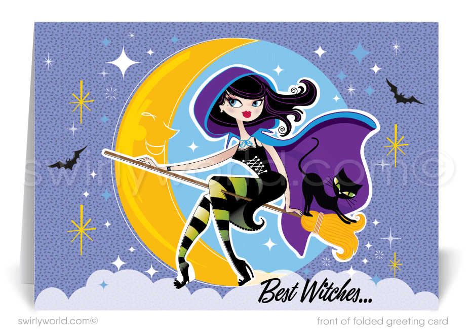 Enchant clients with Swirly World's Retro Witch Halloween Greeting Card. Featuring a cute witch with her black kitty car nestled in a crescent moon against a vivid purple sky with ghosts and bats, this card is perfect for sending Halloween wishes. Customizable envelopes available!