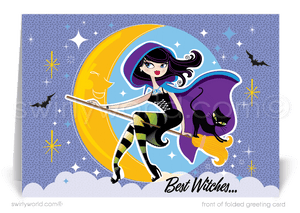 Enchant clients with Swirly World's Retro Witch Halloween Greeting Card. Featuring a cute witch with her black kitty car nestled in a crescent moon against a vivid purple sky with ghosts and bats, this card is perfect for sending Halloween wishes. Customizable envelopes available!