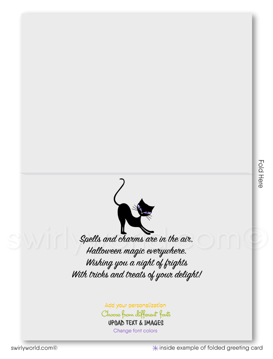 Enchant clients with Swirly World's Retro Ghosts Halloween Greeting Card. Featuring joyful ghosts soaring around a suburban neighborhood under a vivid purple sky, this card is perfect for sending Halloween wishes and strengthening business connections. Customizable envelopes available!