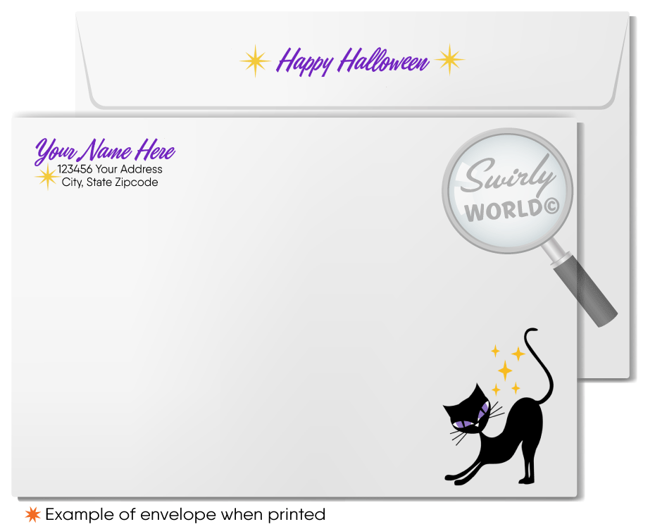 Enchant clients with Swirly World's Retro Ghosts Halloween Greeting Card. Featuring joyful ghosts soaring around a suburban neighborhood under a vivid purple sky, this card is perfect for sending Halloween wishes and strengthening business connections. Customizable envelopes available!