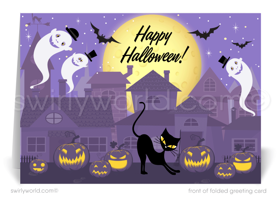 Cute Retro Purple Funny Ghosts Haunted Houses Business Halloween Cards for Realtors®