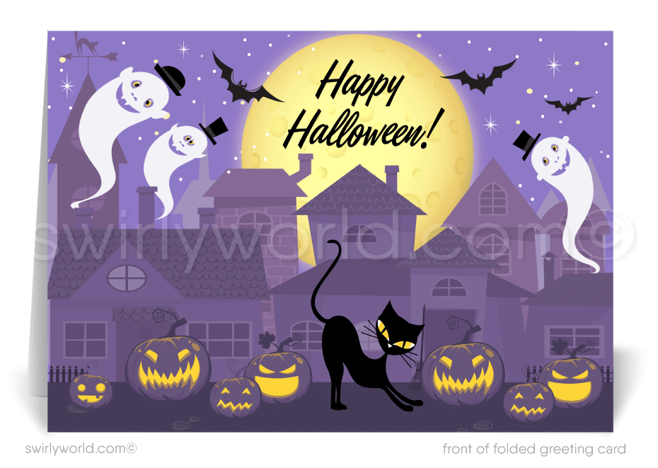 Enchant clients with Swirly World's Retro Ghosts Halloween Greeting Card. Featuring joyful ghosts soaring around a suburban neighborhood under a vivid purple sky, this card is perfect for sending Halloween wishes and strengthening business connections. Customizable envelopes available!