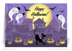 Enchant clients with Swirly World's Retro Ghosts Halloween Greeting Card. Featuring joyful ghosts soaring around a suburban neighborhood under a vivid purple sky, this card is perfect for sending Halloween wishes and strengthening business connections. Customizable envelopes available!
