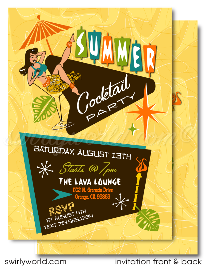 Retro 1960s pinup hula girl mid-century mod Hawaiian tiki luau atomic cocktail summer party invites.  printed invitations & envelope design.