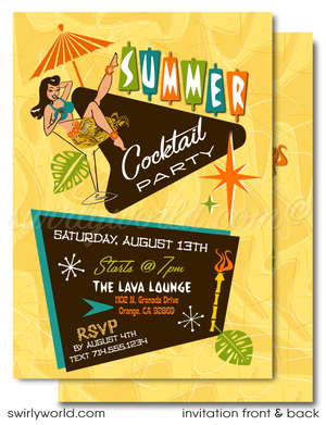 Retro 1960s pinup hula girl mid-century mod Hawaiian tiki luau atomic cocktail summer party invites.  printed invitations & envelope design.
