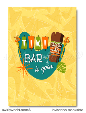 Retro 1960s pinup hula girl mid-century mod Hawaiian tiki luau atomic cocktail summer party invites.  printed invitations & envelope design.