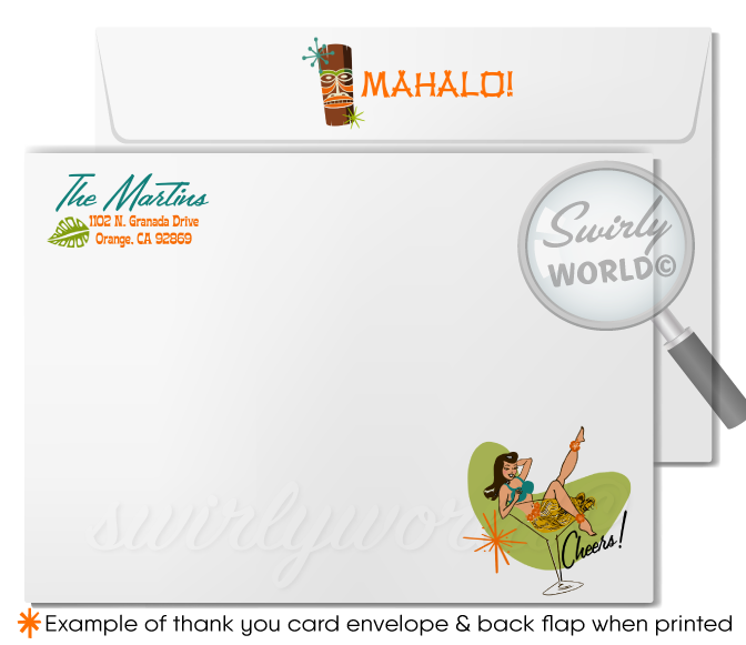 Retro 1960s pinup hula girl mid-century mod Hawaiian tiki luau atomic cocktail summer party invites.  printed invitations & envelope design.