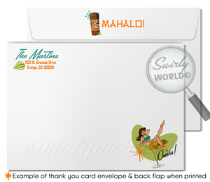 Retro 1960s pinup hula girl mid-century mod Hawaiian tiki luau atomic cocktail summer party invites.  printed invitations & envelope design.
