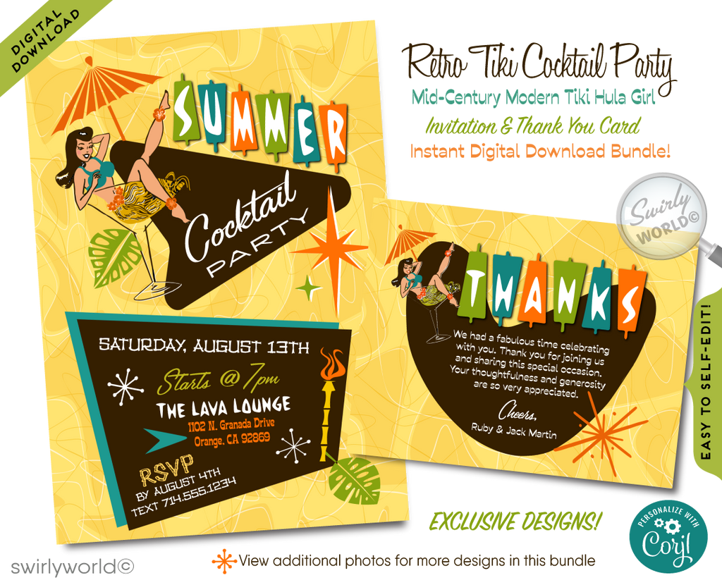 Immerse yourself in the vibrant world of mid-century modern aesthetics with our professionally-designed digital Hawaiian Tiki Invitation Set! Transport your guests to a tropical paradise with this eye-catching centerpiece, featuring a playful pin-up girl donning a hula skirt while seated in a martini glass. Inspired by the nostalgia of 1950s postcards, this delightful artwork captures the essence of paradise found.