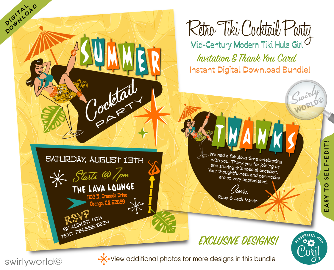 Immerse yourself in the vibrant world of mid-century modern aesthetics with our professionally-designed digital Hawaiian Tiki Invitation Set! Transport your guests to a tropical paradise with this eye-catching centerpiece, featuring a playful pin-up girl donning a hula skirt while seated in a martini glass. Inspired by the nostalgia of 1950s postcards, this delightful artwork captures the essence of paradise found.