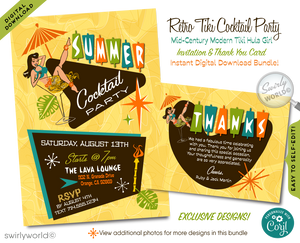 Immerse yourself in the vibrant world of mid-century modern aesthetics with our professionally-designed digital Hawaiian Tiki Invitation Set! Transport your guests to a tropical paradise with this eye-catching centerpiece, featuring a playful pin-up girl donning a hula skirt while seated in a martini glass. Inspired by the nostalgia of 1950s postcards, this delightful artwork captures the essence of paradise found.
