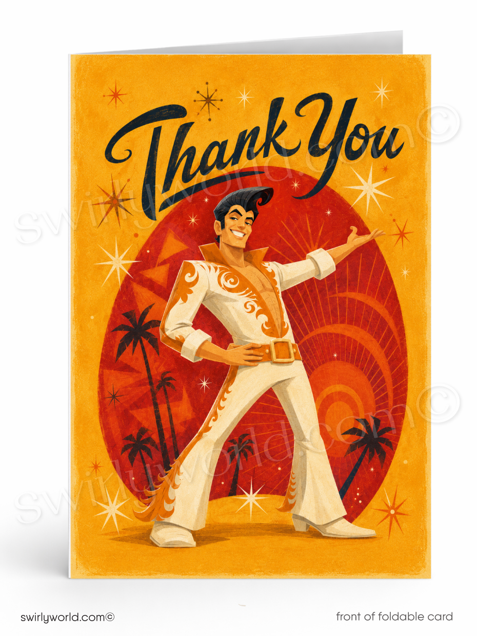 A foldable thank you card featuring a retro illustration of Elvis Presley in a white jumpsuit with gold trim, posed against a red circular sunburst and orange-yellow background with palm trees and starburst accents. The card reads 'Thank You' in large black script at the top.