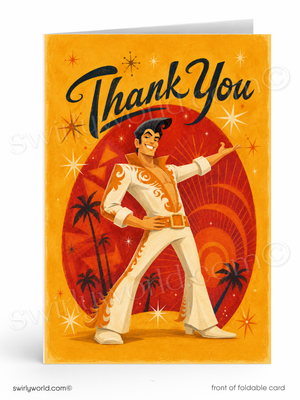A foldable thank you card featuring a retro illustration of Elvis Presley in a white jumpsuit with gold trim, posed against a red circular sunburst and orange-yellow background with palm trees and starburst accents. The card reads 'Thank You' in large black script at the top.