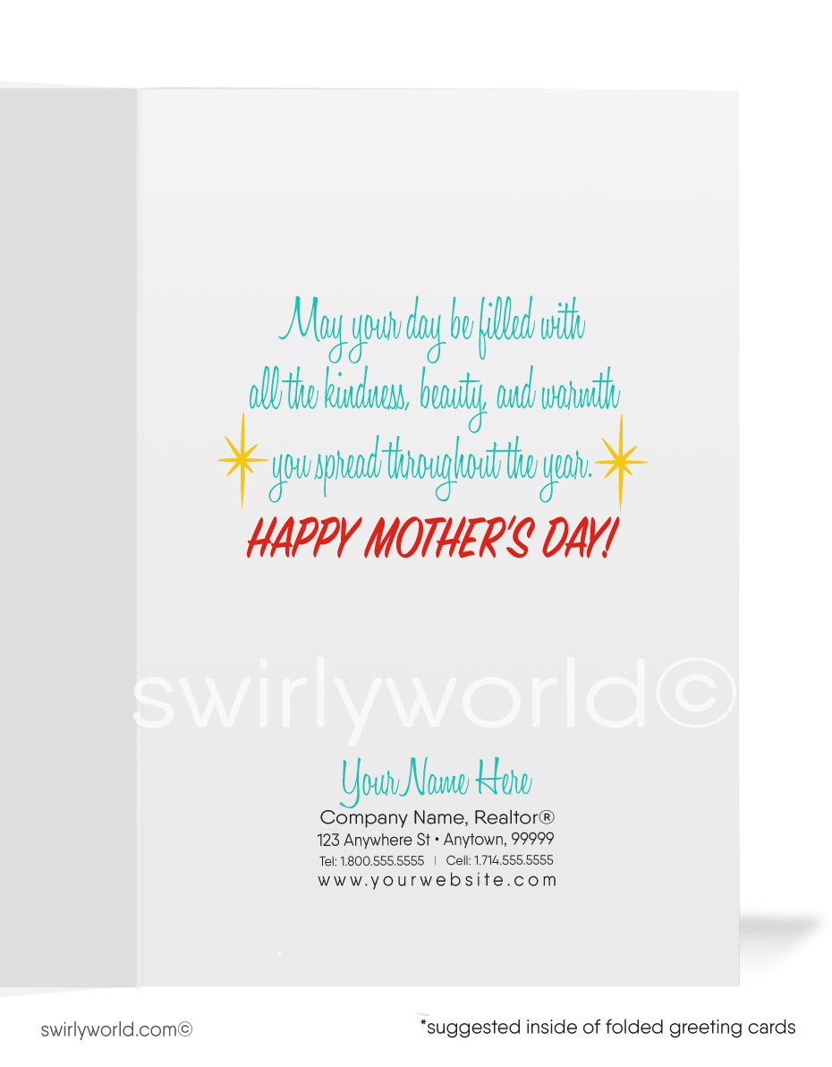 Send a touch of nostalgia this Mother's Day with our Vintage 'First Class Mom' greeting card. Featuring a 1940s-50s style illustration, premium print quality, and a heartfelt message. Perfect for clients and customers. Show appreciation with a classic flair!