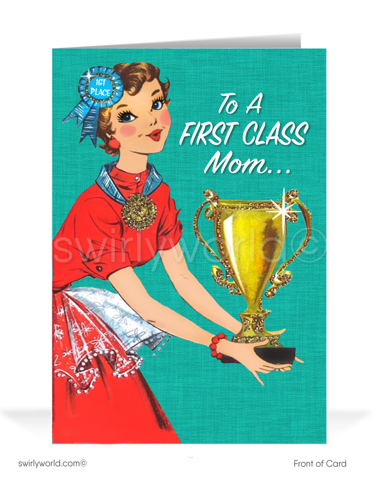 Send a touch of nostalgia this Mother's Day with our Vintage 'First Class Mom' greeting card. Featuring a 1940s-50s style illustration, premium print quality, and a heartfelt message. Perfect for clients and customers. Show appreciation with a classic flair!