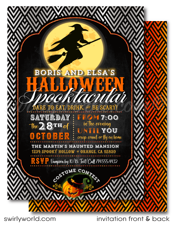 Set the tone for your "Eat, Drink, & Be Scary" bash with our retro Halloween party invitation! Featuring vintage fonts, Art Deco accents, and classic illustrations of a witch, jack-o'-lantern, and skeletons, this editable digital download is perfect for an unforgettable adult-themed event. Customize and share instantly!