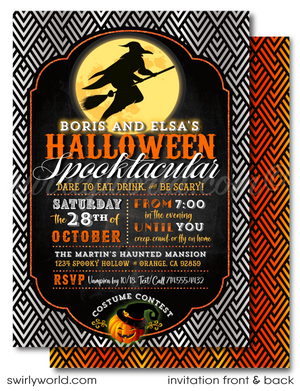 Kick off your "Eat, Drink, & Be Scary" bash with our retro Halloween invitations! Featuring vintage fonts, Art Deco accents, and classic illustrations like a witch, jack-o'-lantern, and skeletons, these printed invitations with custom envelopes set the perfect tone for an unforgettable adult-themed event.