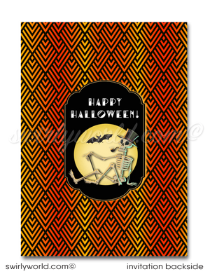 Kick off your "Eat, Drink, & Be Scary" bash with our retro Halloween invitations! Featuring vintage fonts, Art Deco accents, and classic illustrations like a witch, jack-o'-lantern, and skeletons, these printed invitations with custom envelopes set the perfect tone for an unforgettable adult-themed event.