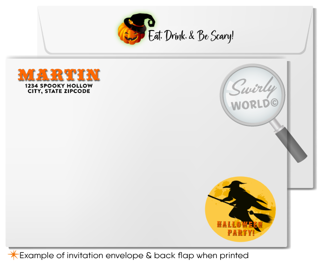 Kick off your "Eat, Drink, & Be Scary" bash with our retro Halloween invitations! Featuring vintage fonts, Art Deco accents, and classic illustrations like a witch, jack-o'-lantern, and skeletons, these printed invitations with custom envelopes set the perfect tone for an unforgettable adult-themed event.