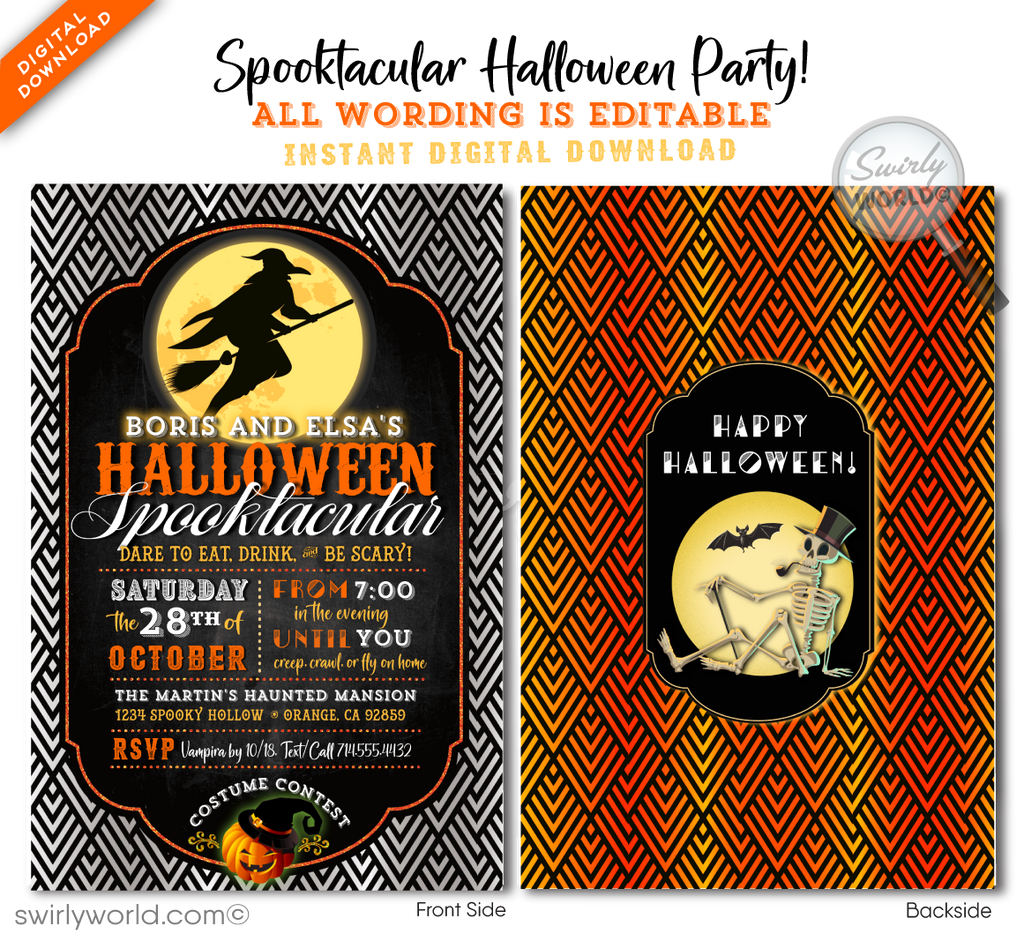 Retro Vintage Witch Adult Theme Art Deco Halloween Party Invitations Evite Digital Download